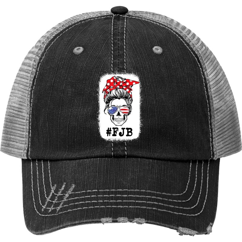 Messy Bun Bleached Skull Pro Us Hashtag Foxtrot Juliet Bravo Trucker Hat — Baseball Cap