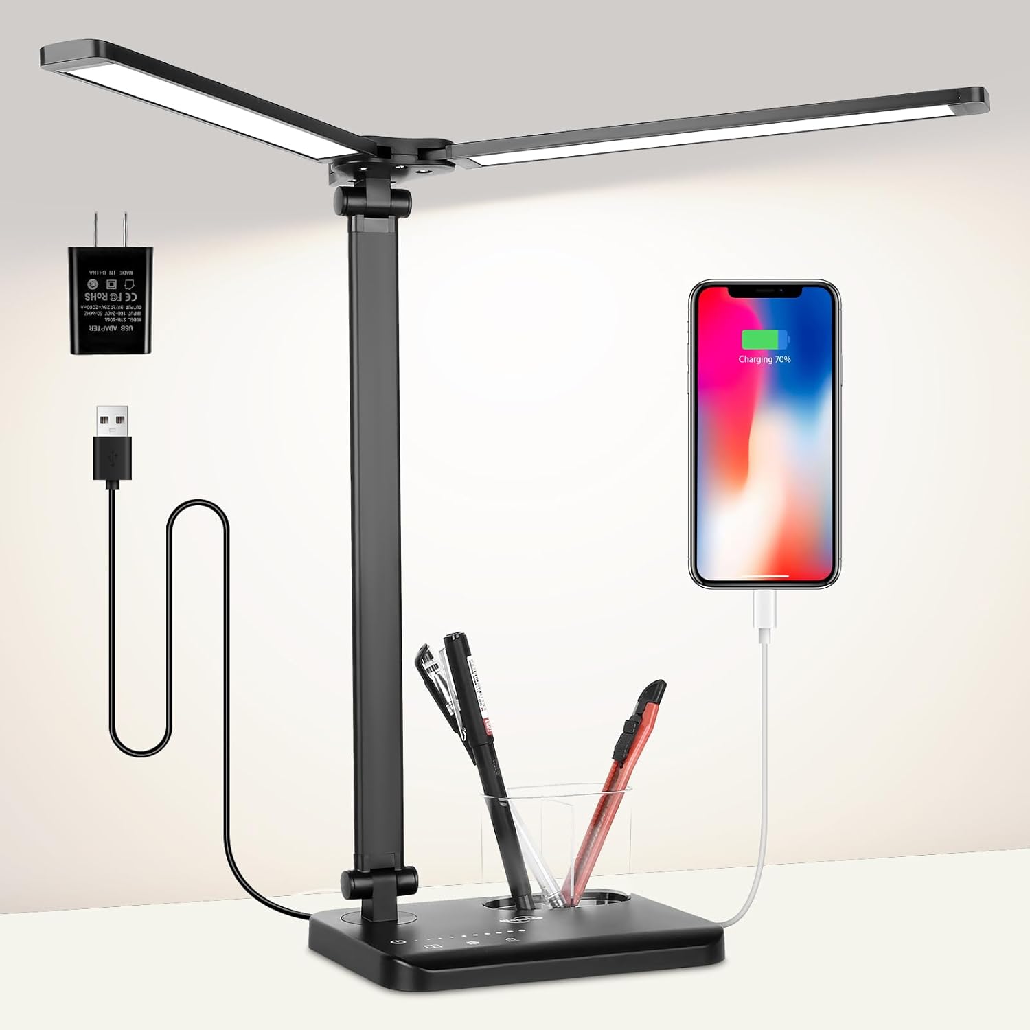 Lampe de Bureau LED Woputne à Double Tête, 5 Modes de Couleur, 10 Niveaux de Luminosité — Lampe de bureau menée
