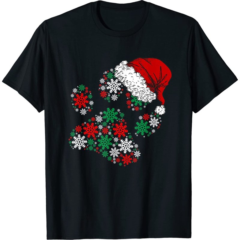T-shirt de Noël avec Pattes de Chien, Chapeau de Père Noël et Flocons