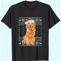 Xmas Lighting Santa Hat Golden Retriever Christmas T-Shirt for Men