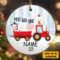 Red Tractor Farm Christmas Ceramic Circle Ornament