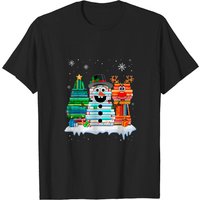 T-shirt Bibliothécaire avec Empilement de Livres, Bonhomme de Neige et Renne