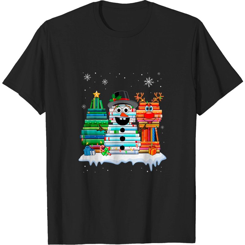 T-shirt Bibliothécaire avec Empilement de Livres, Bonhomme de Neige et Renne — T-shirts pour hommes