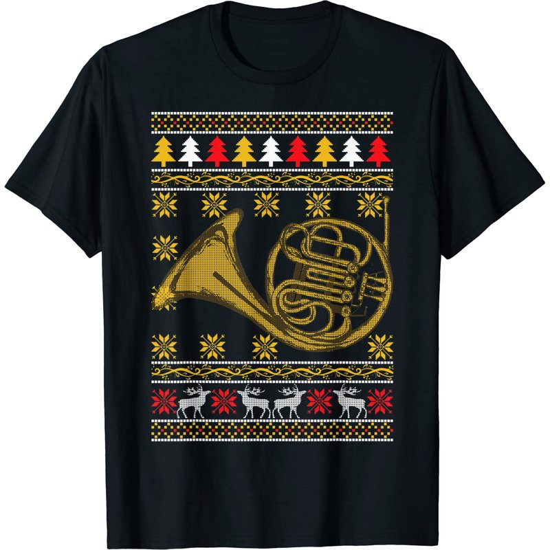 French Horn Ugly Christmas Holiday T-Shirt for Men — Mens T Shirts