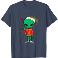 Christmas Alien Ugly Sweater I Believe Santa Hat T-Shirt — Mens T Shirts