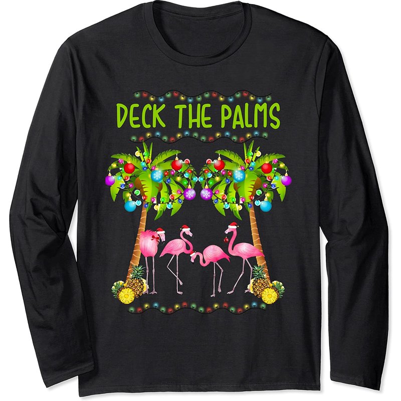 Deck The Palms Merry Pink Flamingo Christmas Long Sleeve T-Shirt — Mens T Shirts