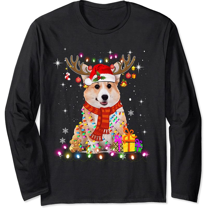 Funny Corgi Christmas Tee with Reindeer and Lights — Mens T Shirts