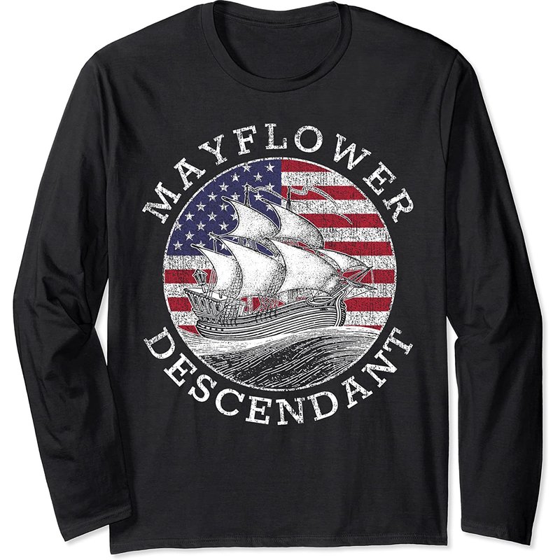 T-shirt à manches longues avec drapeau américain Mayflower Descendant — T-shirts pour hommes