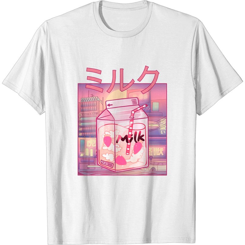 T-shirt pour hommes en carton de lait fraise rose Kawaii Anime des années 90 — T-shirts pour hommes