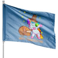 Cute Unicorn Thanksgiving House Flag with Pilgrim Hat and Turkey — Decorative Flags