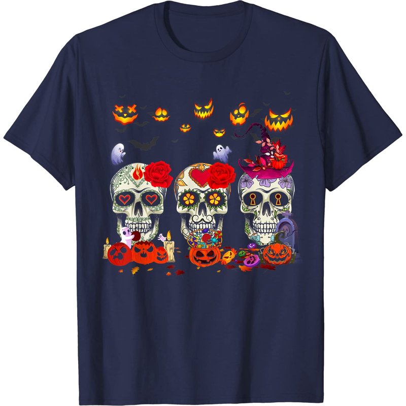Pumpkin Sugar Skull T-shirt with Witch Hat for Men — Mens T Shirts