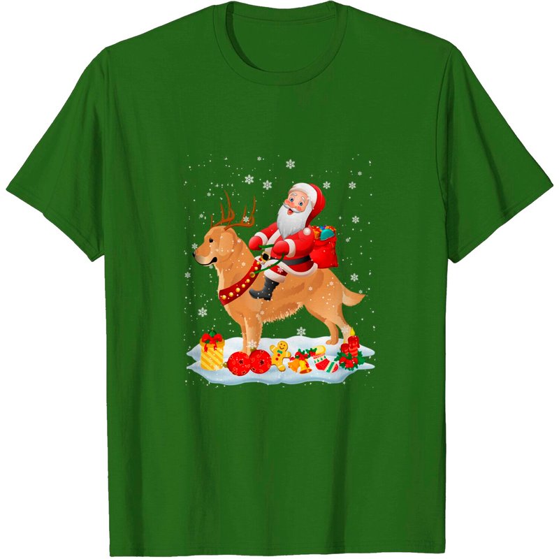Santa Riding Reindeer Golden Retriever Christmas T-Shirt for Men — Mens T Shirts