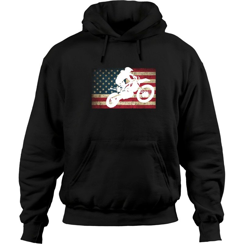 Hoodie Motocross avec Silhouette de Moto Tout Terrain et Drapeau Américain Distressé — Sweats à capuche pour hommes