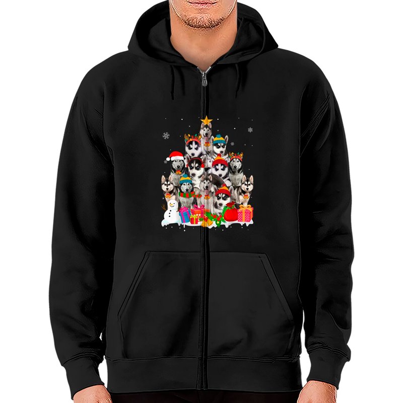 Siberian Husky Christmas Tree Pet Dog Lover Zip Hoodie — Mens Hoodies
