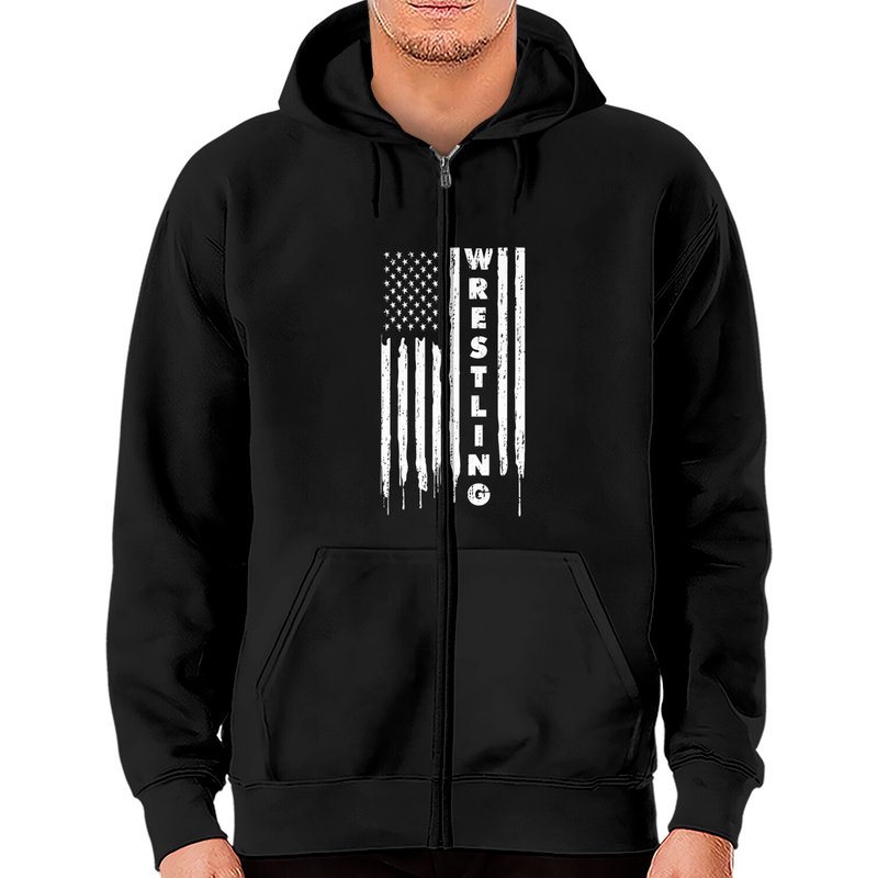 Hoodie zippé avec citation de lutte et drapeau américain vintage — Sweats à capuche pour hommes