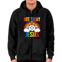 Not Today Jesus Unicorn Satan Goat Rainbow Zip Hoodie