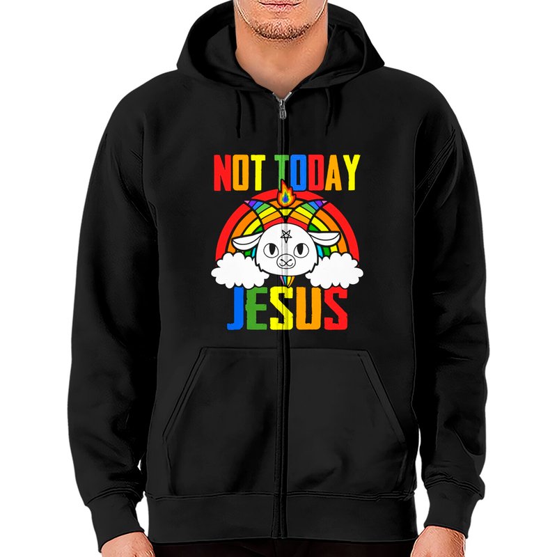 Hoodie zippé Not Today Jesus Unicorn Satan Goat Rainbow — Sweats à capuche pour hommes