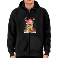 Pomeranian Santa Hat Reindeer Christmas Lights Zip Hoodie