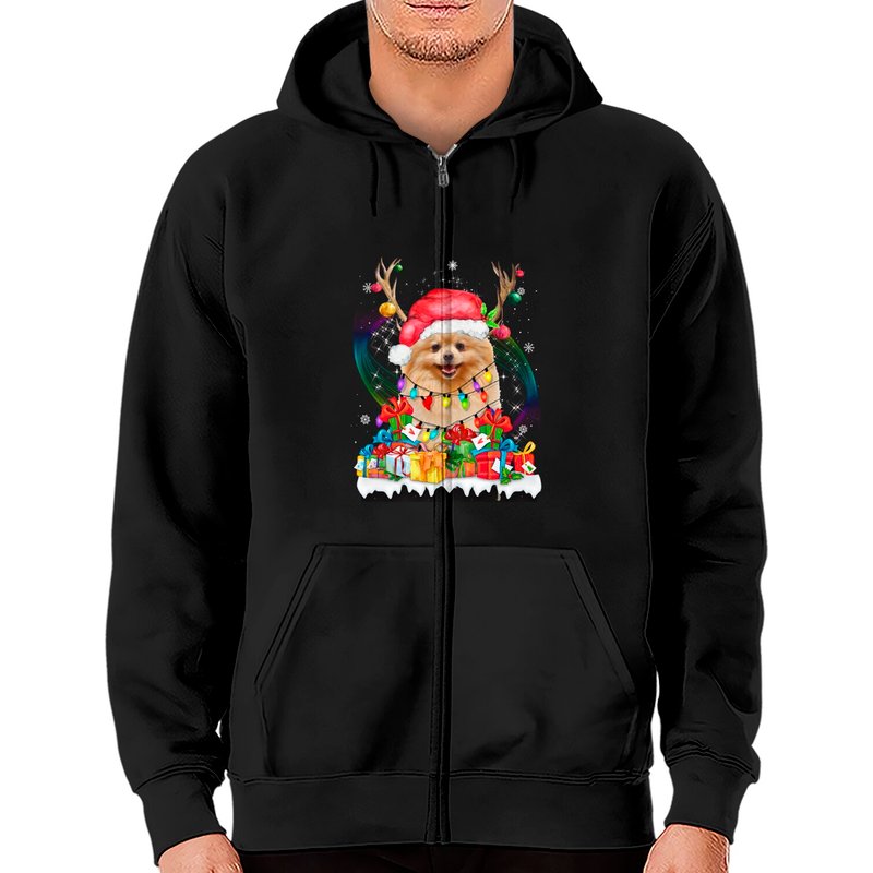 Hoodie Zippé Pomeranian avec Chapeau de Père Noël et Rennes — Sweats à capuche pour hommes