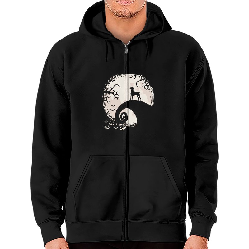 Hoodie zippé Halloween avec un Vizsla et la lune dans la forêt — Sweats à capuche pour hommes