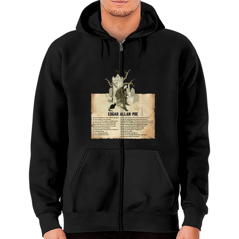 Hoodie zippé unisexe Edgar Allan Poe en noir — Sweats à capuche pour hommes