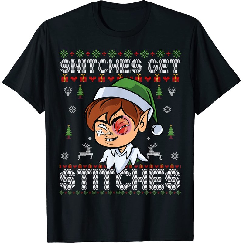 Snitches Get Stitches Santa Claus Christmas T-Shirt for Men