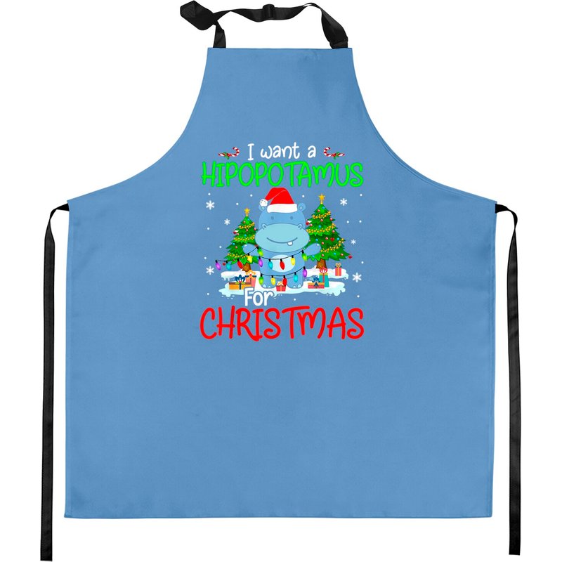 I Want A Hippopotamus Christmas Light Santa Hippo Kitchen Apron — Kitchen Aprons