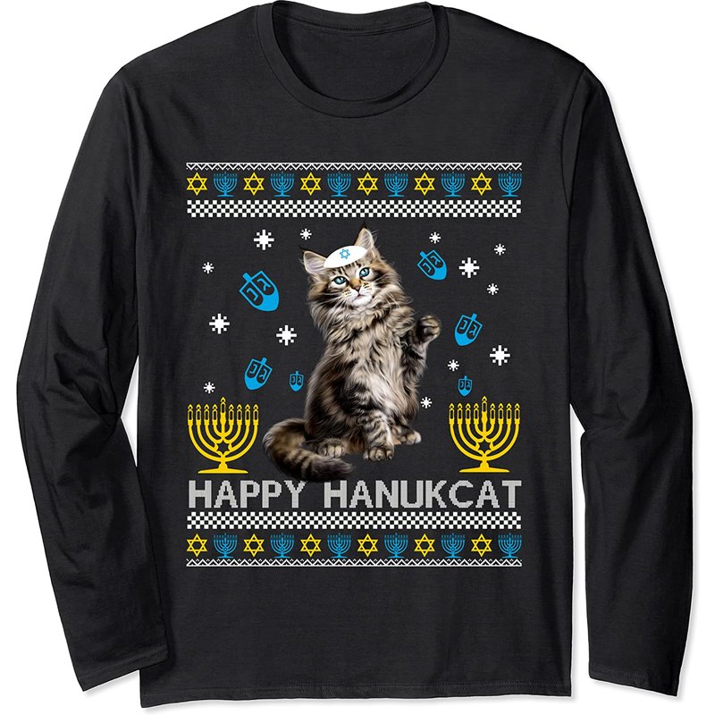 Happy Hanukcat Chandail Moche de Hanoukka Chat Maine Coon Manches Longues — Chandails pour hommes