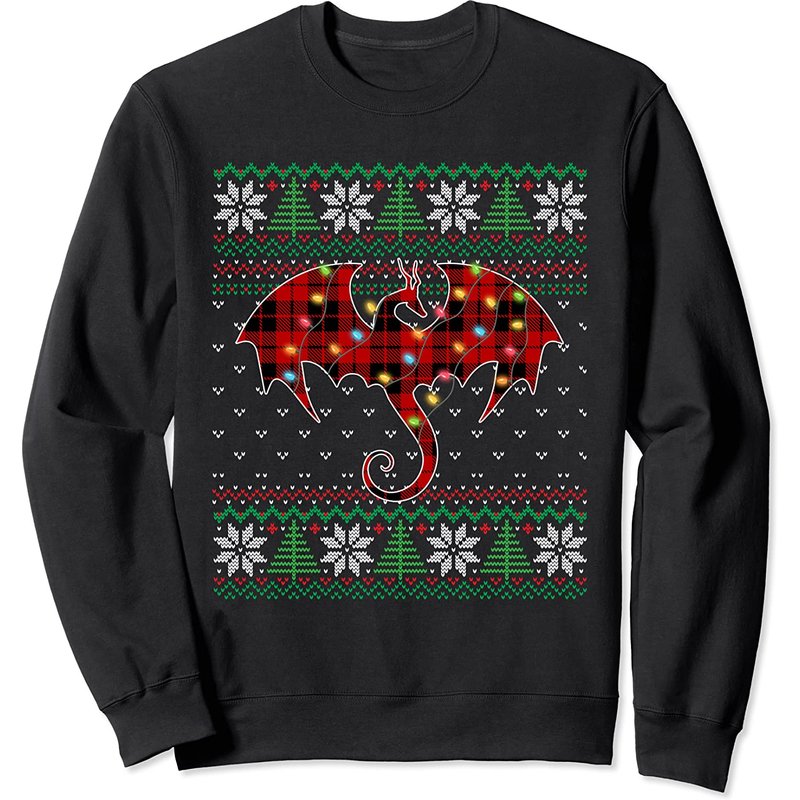 Funny Dragon Ugly Sweater with Christmas Lights for Unisex — Mens Sweaters