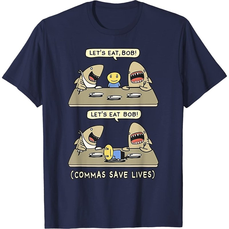 Commas Save Lives T-Shirt with Punctuation Shark Graphic