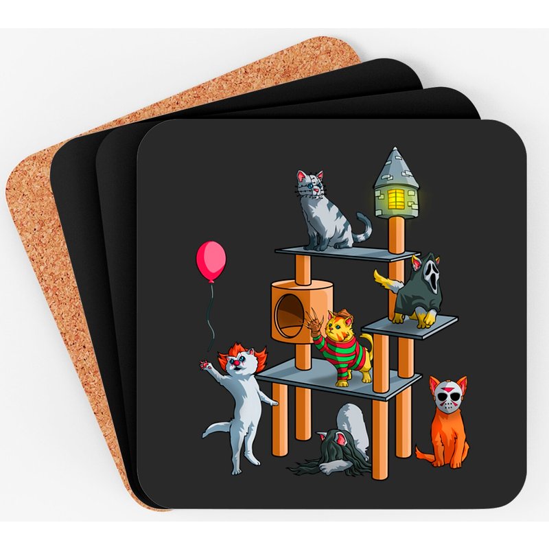 Funny Cat Horror Movies Halloween Coasters with Cork Bottom — Coasters & Placemats