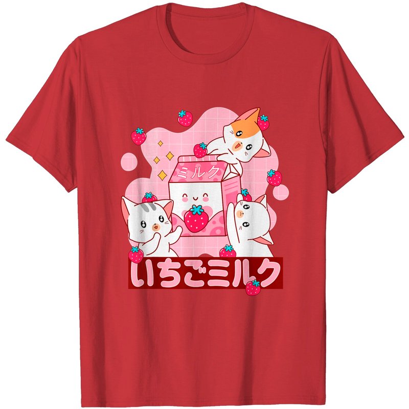 T-shirt Aesthétique Anime Rose Chat Lait Fraise pour Hommes — T-shirts pour hommes