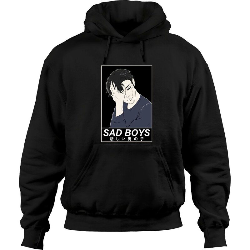 Hoodie Sad Boy Anime - Vêtements esthétiques unisexes noirs — Sweats à capuche pour hommes