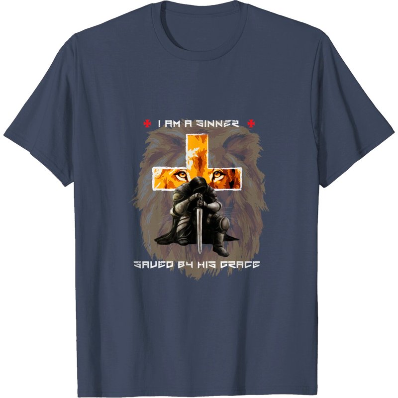 T-shirt Sinner Sauvé par la Grâce de Dieu Lion Croix — T-shirts pour hommes
