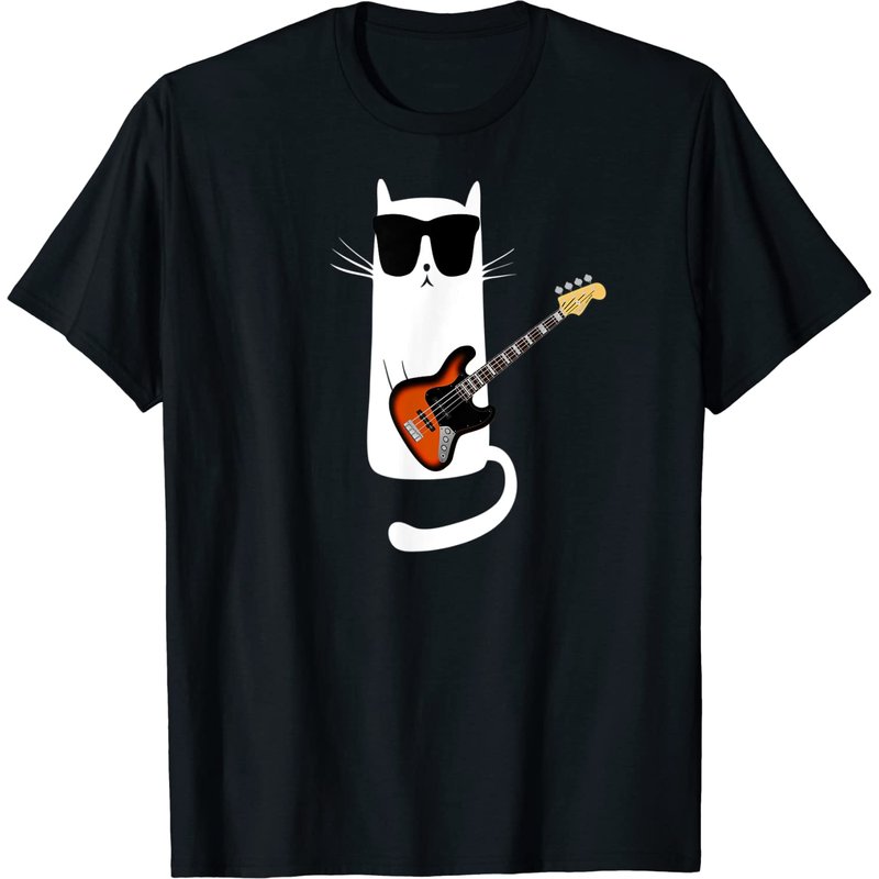 T-shirt Chat avec Lunettes de Soleil Jouant de la Guitare Basse pour Hommes — T-shirts pour hommes
