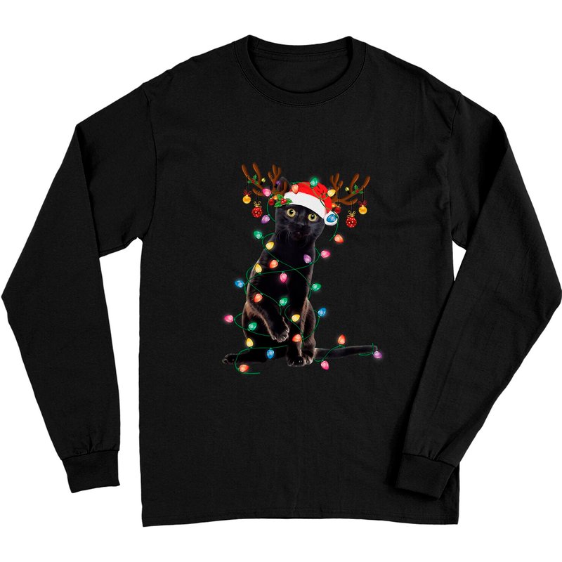 Reindeer Black Cat Christmas Lights Long Sleeve T-Shirt — Mens T Shirts