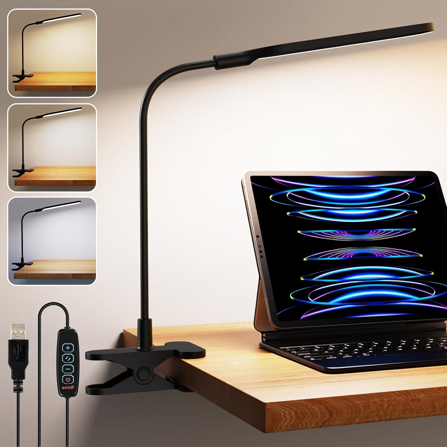 Lampe de Bureau LED Clip-On avec Modes de Couleur et 10 Niveaux de Luminosité — Lampe de bureau menée