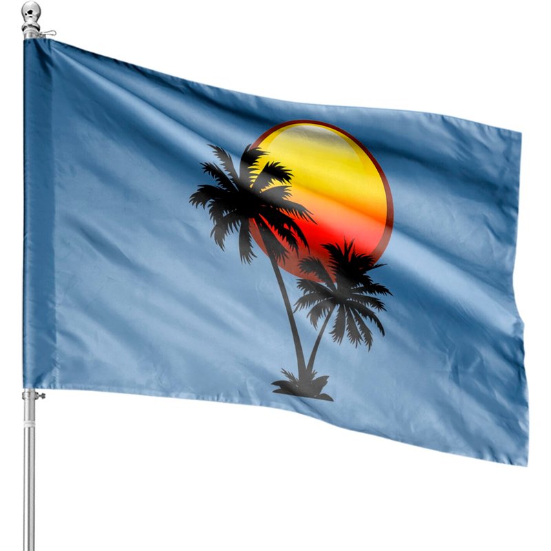 Sunset and Palm Trees Tropical House Flags — Decorative Flags