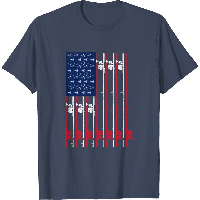 T-shirt pour hommes avec cannes à pêche et hameçons, drapeau américain vintage — T-shirts pour hommes