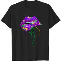 Mardi Gras T-Shirt with Lips Design for Men - Purple & Gold