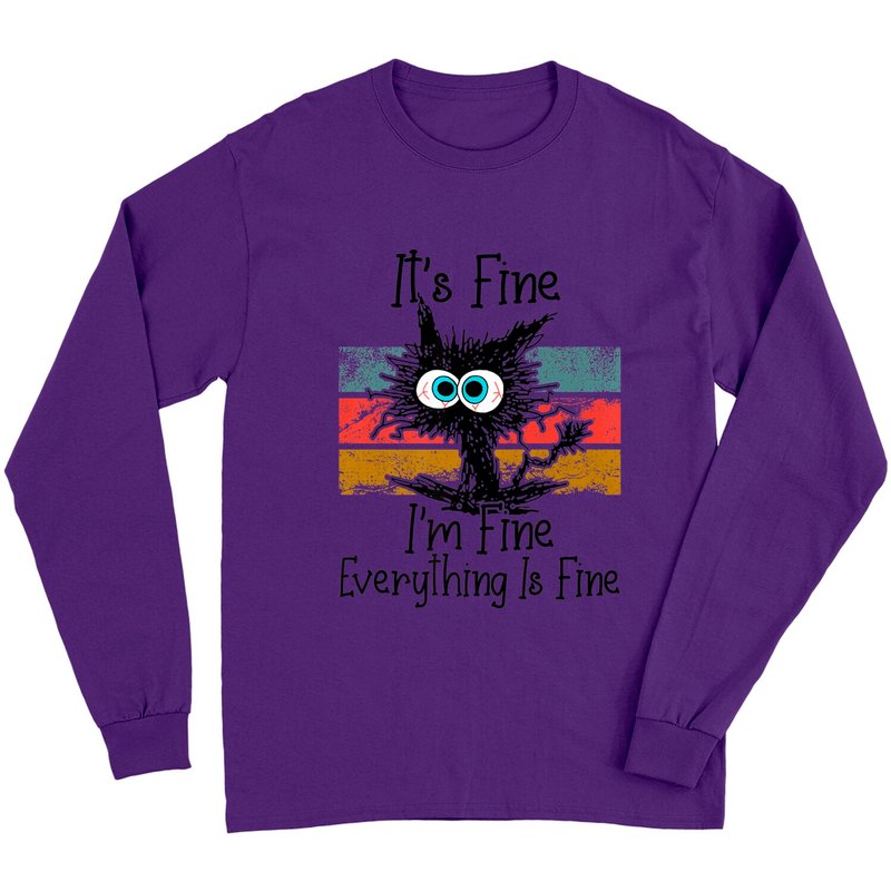 Cat Lovers Long Sleeve T-Shirt - Everything Is Fine — Mens T Shirts