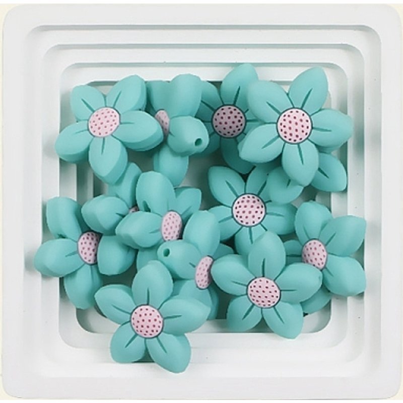 Perles en silicone alimentaire, fleur, turquoise, 26x26mm