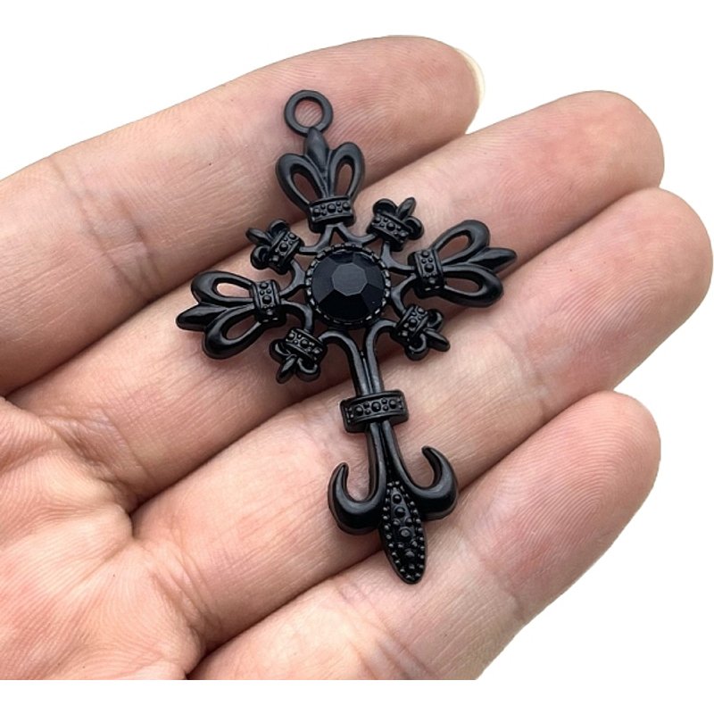Pendentif Croix en Alliage de Strass Noir, 55x38mm — Breloques et pendentifs