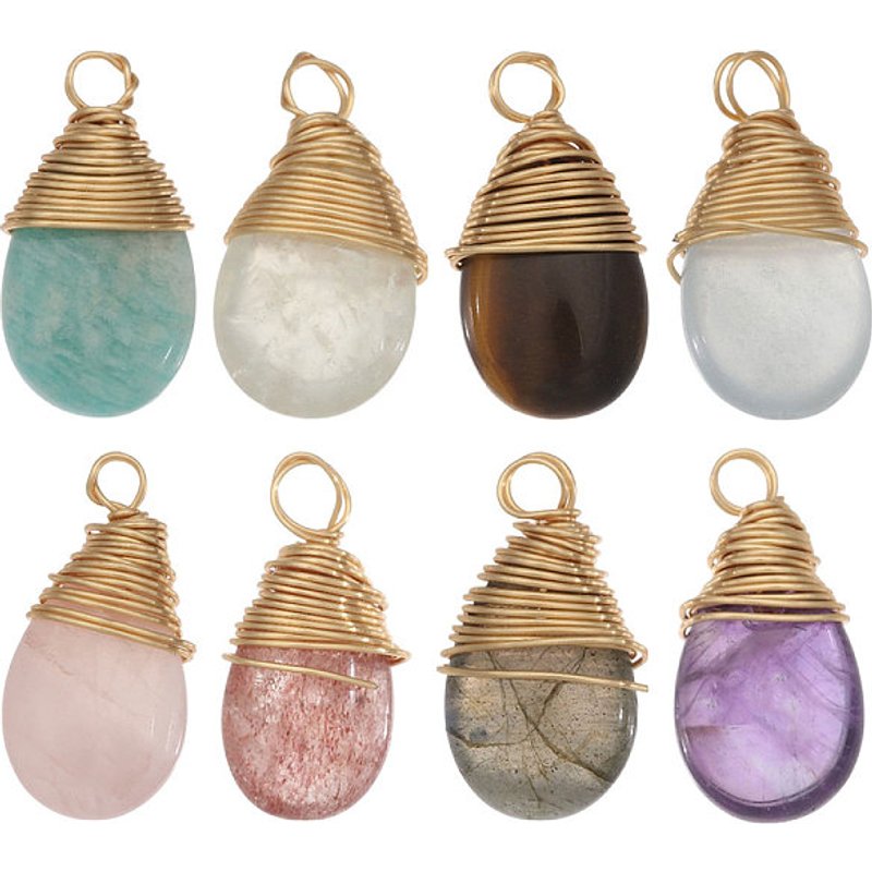 8 Mixed Stone Teardrop Pendants with Copper Wire Wrap — Charms & Pendants