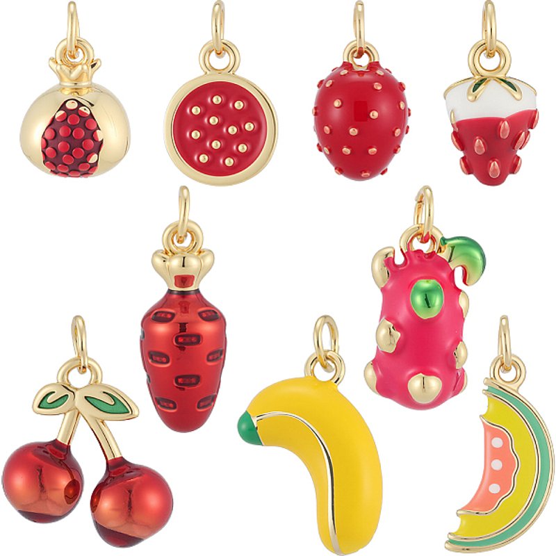 9Pcs Brass Enamel Fruit Charms with Jump Rings, 16K Gold Plated — Charms & Pendants