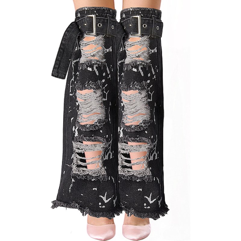 Manchons de jambe en denim déchiré et ceinture, noir — Accessoires de mode
