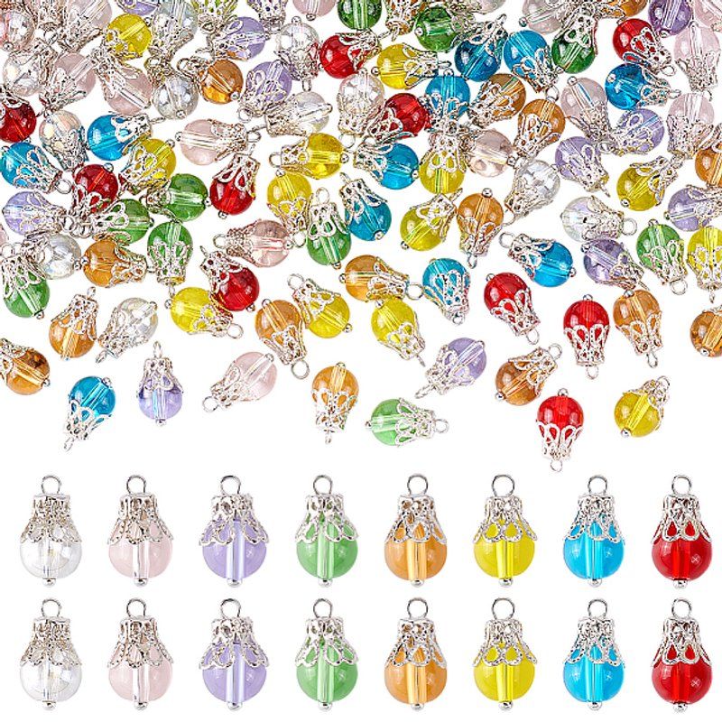 160Pcs Round Glass Charms in 8 Colors with Bead Cap — Charms & Pendants