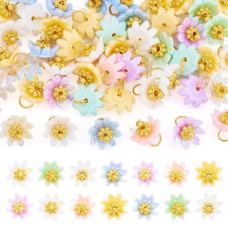 50 Pcs Charms Fleurs en Résine Opaque avec Pistil en Alliage, Doré — Breloques et pendentifs