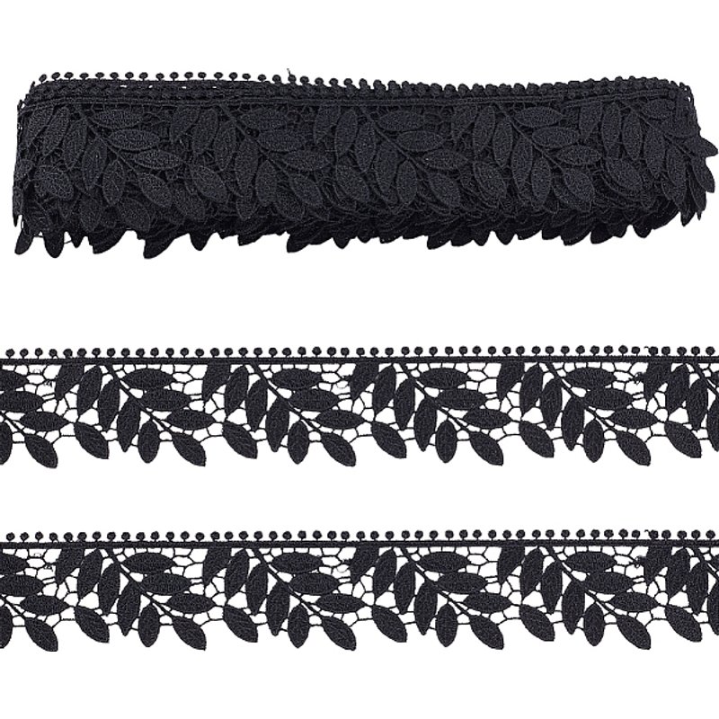 Bordure en dentelle polyester feuille, noire, 10 verges, 1-5/8 pouces de large — Chaînes, fils et cordons