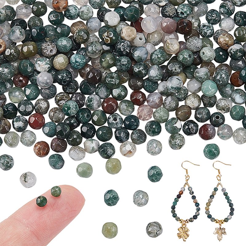 3 Brins de Perles Rondes en Agate Indienne Naturelle Facettées, 4mm — Perles à bijoux